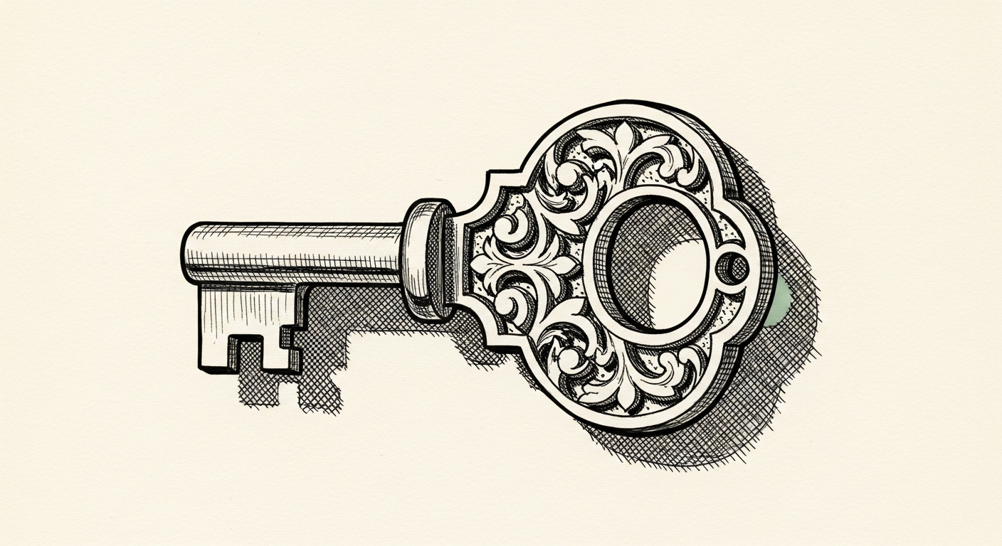 Pen-and-ink illustration: a single, intricately carved key fitting. For the story "OpenAI Showcases Australian Payments Plus Adoption".