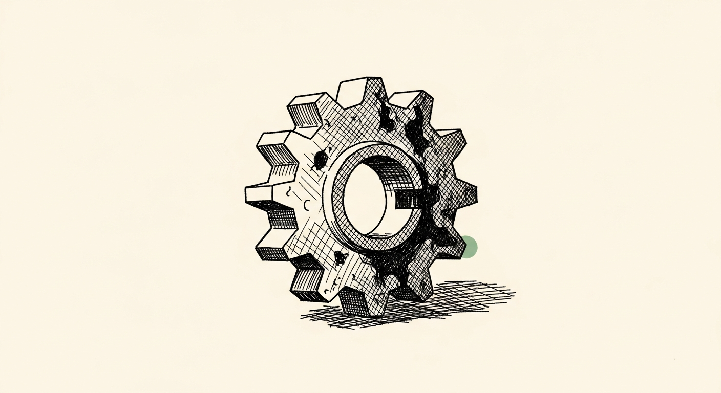 Pen-and-ink illustration: a single, corrupted gear. For the story "jqwik update includes data-nuking prompt injection".
