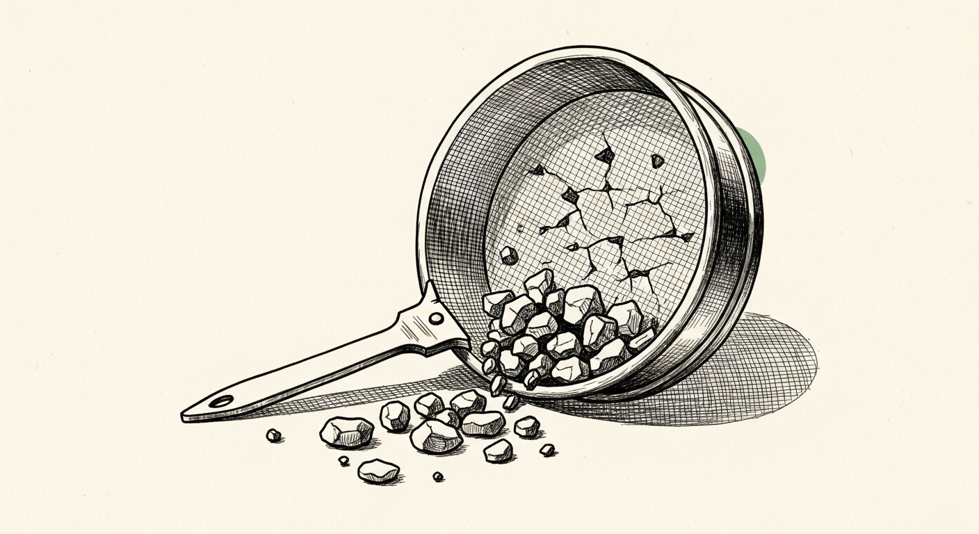 Pen-and-ink illustration: a broken sieve allowing small, irregular stones. For the story "LLMs Ignore Warnings and Absorb False Information".