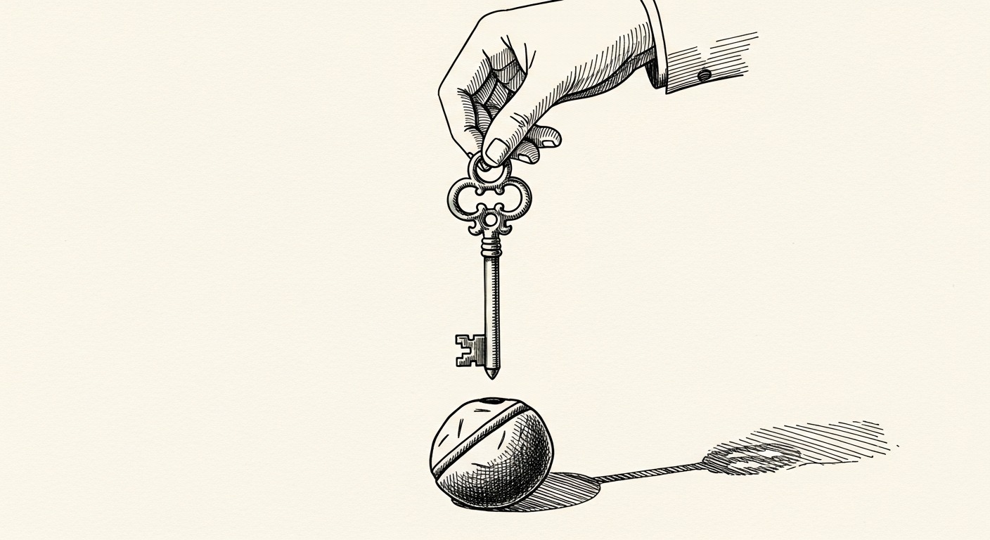 Pen-and-ink illustration: a single, ornate key being carefully lowered. For the story "OpenAI Proposes 5% Equity Donation to US Fund".