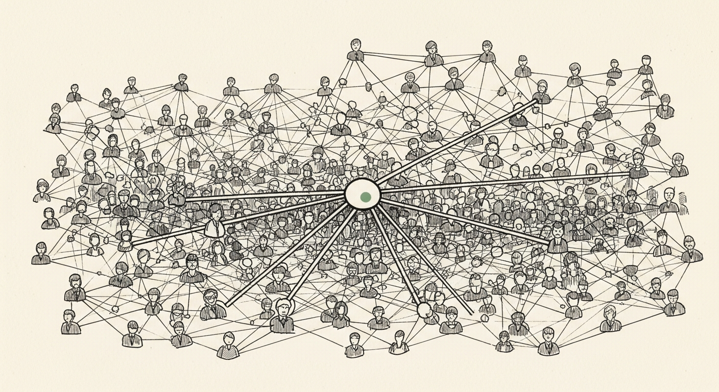 Pen-and-ink illustration: a vast, intricate network of individual. For the story "Human Archive raises $8.2M for robot training data".