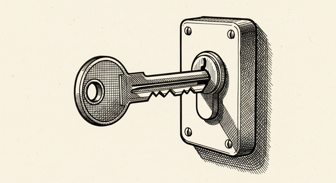Pen-and-ink illustration: a tailored key perfectly fitting into a custom. For the story "Anthropic Rolls Out Rupee Pricing for Claude".