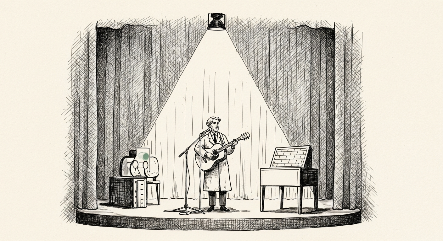 Pen-and-ink illustration: a single spotlight illuminates a stage from the. For the story "Midjourney Demands Hollywood Studios Reveal Their AI Use".