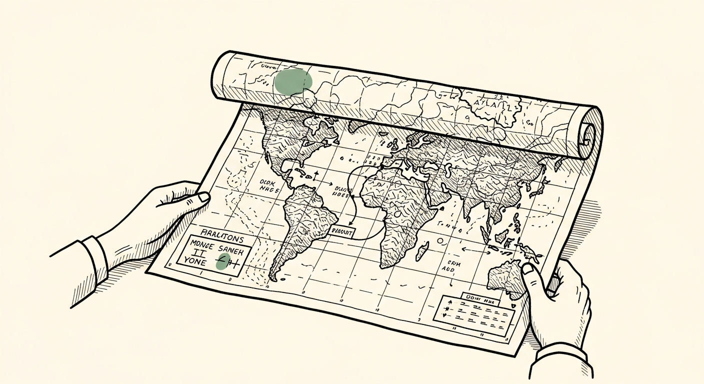Pen-and-ink illustration: a detailed, annotated map being un. For the story "OpenAI Publishes Its Playbook for Third-Party Evals".