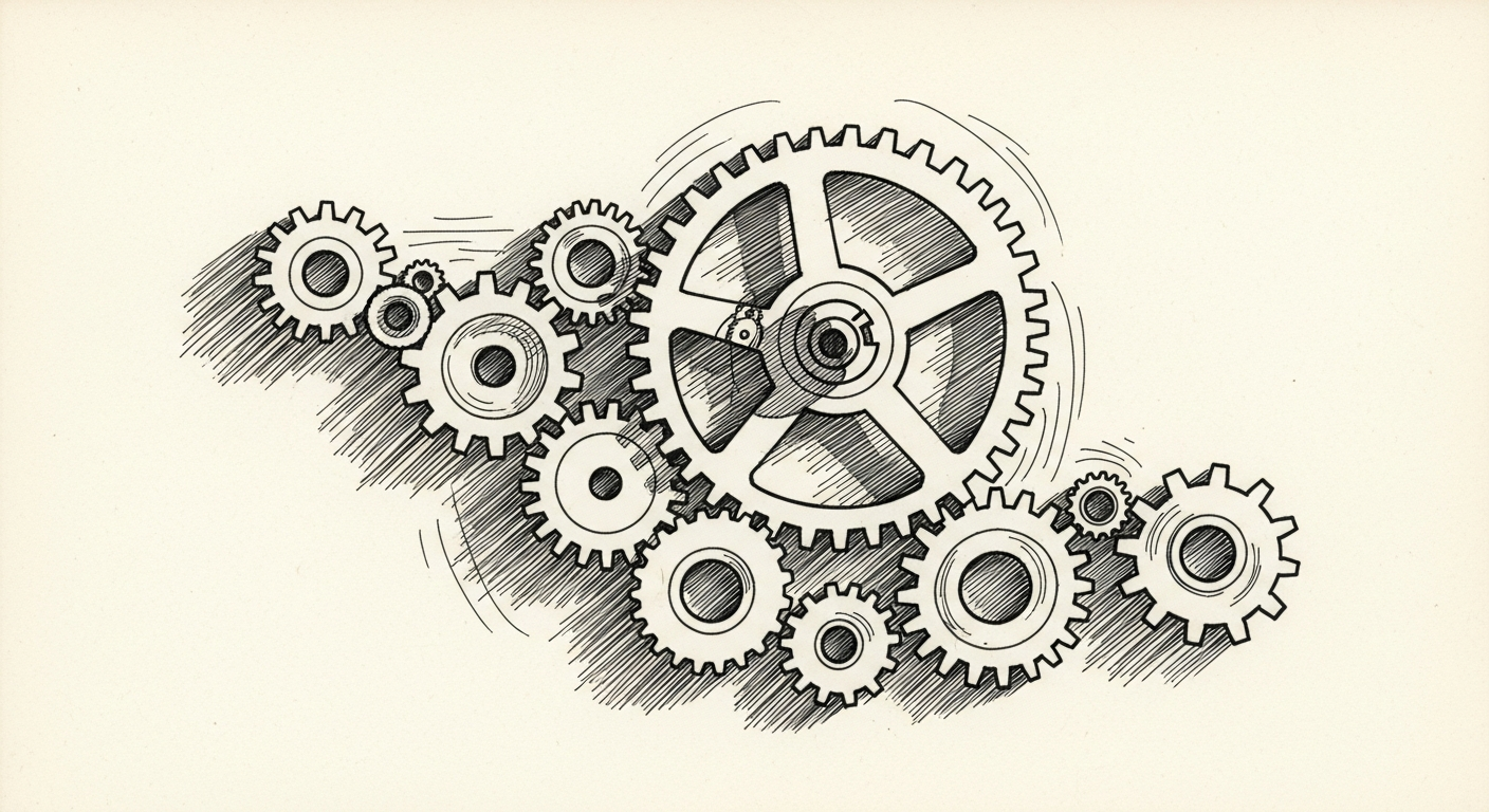 Pen-and-ink illustration: a central gear turning a cluster of smaller. For the story "OpenAI targets families with new product hire".