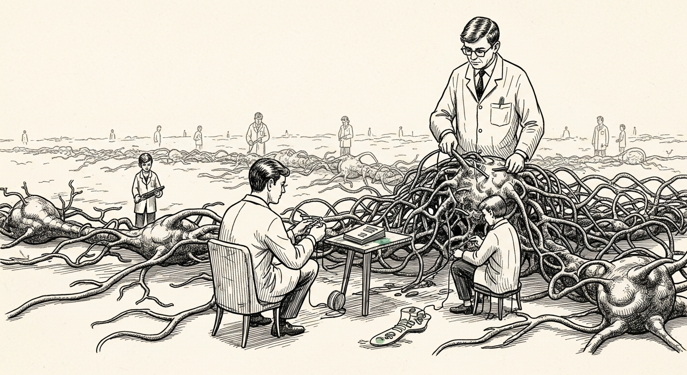 Pen-and-ink illustration: a vast, intricate neural network being woven. For the story "Cloud providers are rebuilding the internet for AI agents".