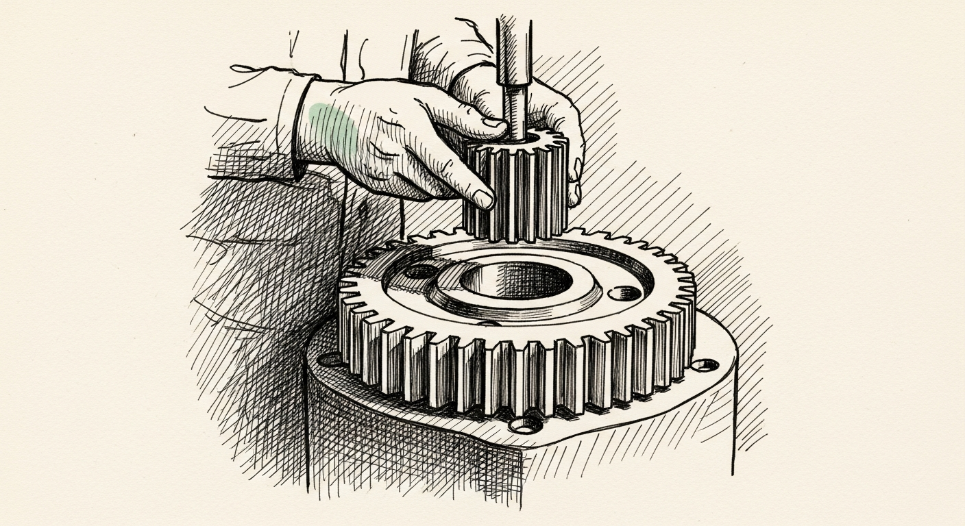 Pen-and-ink illustration: a newly forged gear being installed. For the story "Meta's In-House AI Chips Start Production in September".