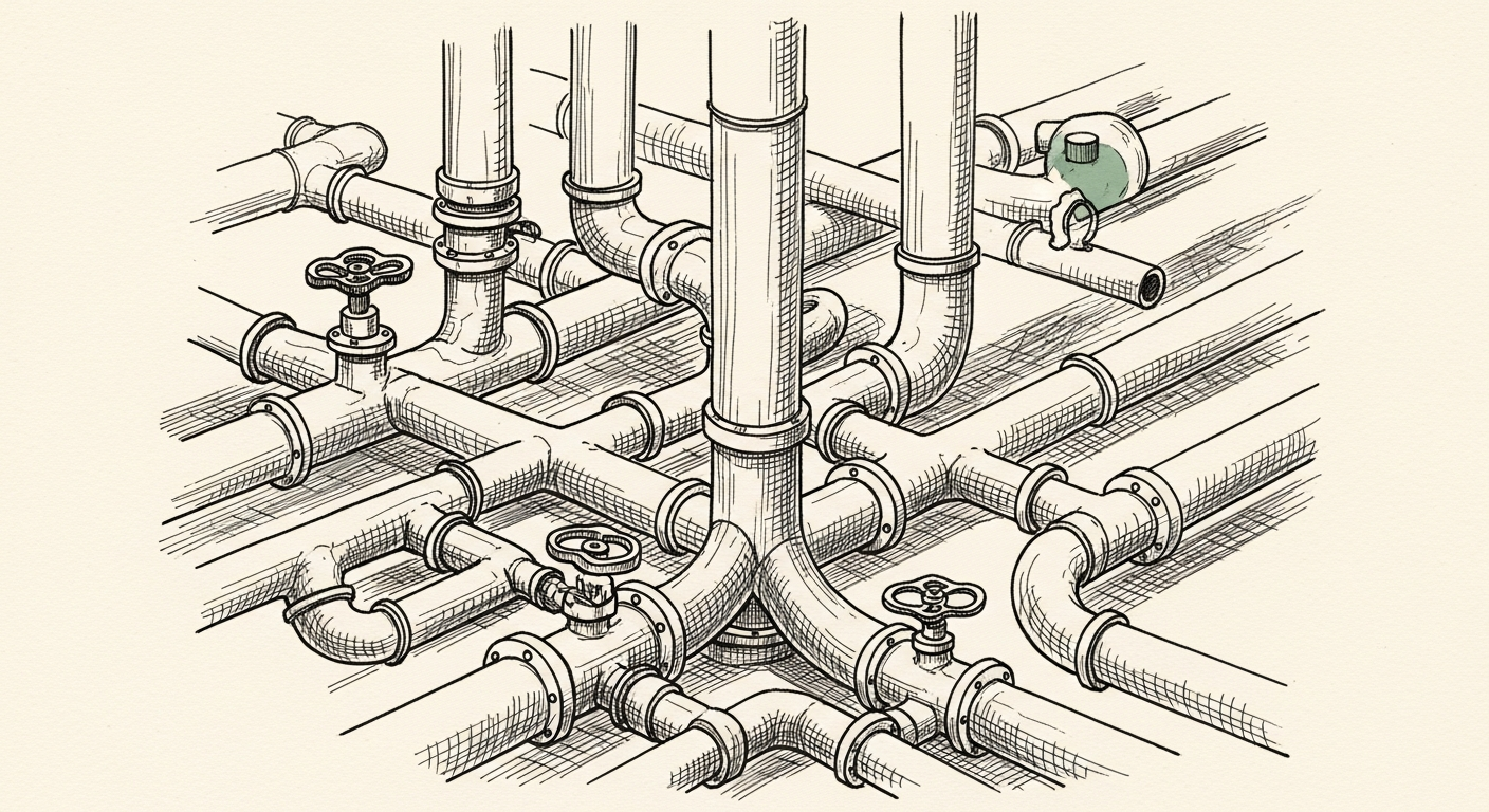 Pen-and-ink illustration: a complex network of pipes converging into a. For the story "Anthropic's Reflect Is About Workflow Capture".