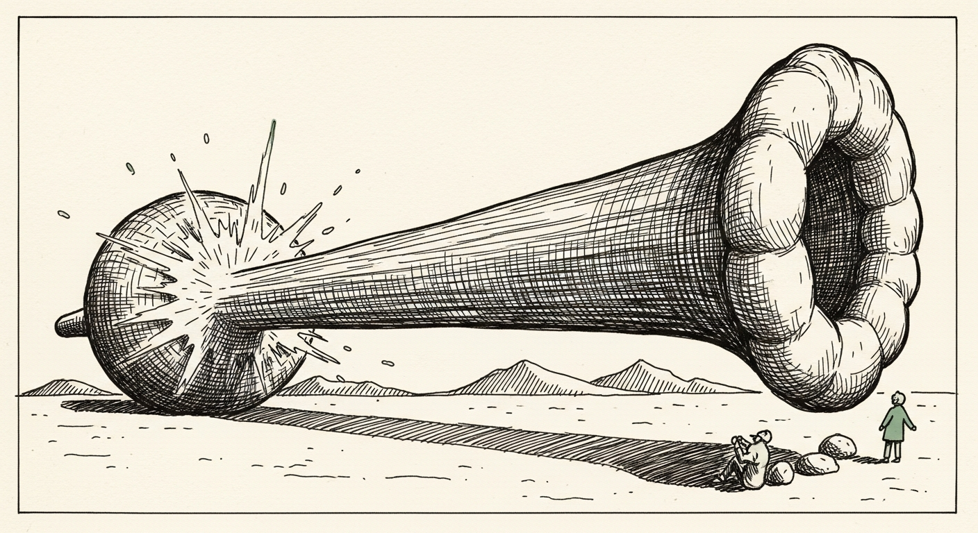 Pen-and-ink illustration: a single, colossal pillar rapidly extends. For the story "Anthropic Raises $65 Billion at Near $1 Trillion Valuation".