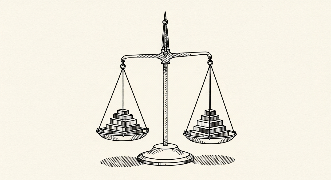 Pen-and-ink illustration: an apothecary scale with three. For the story "Three AI Exits Could Outweigh 25 Years of Tech IPOs".