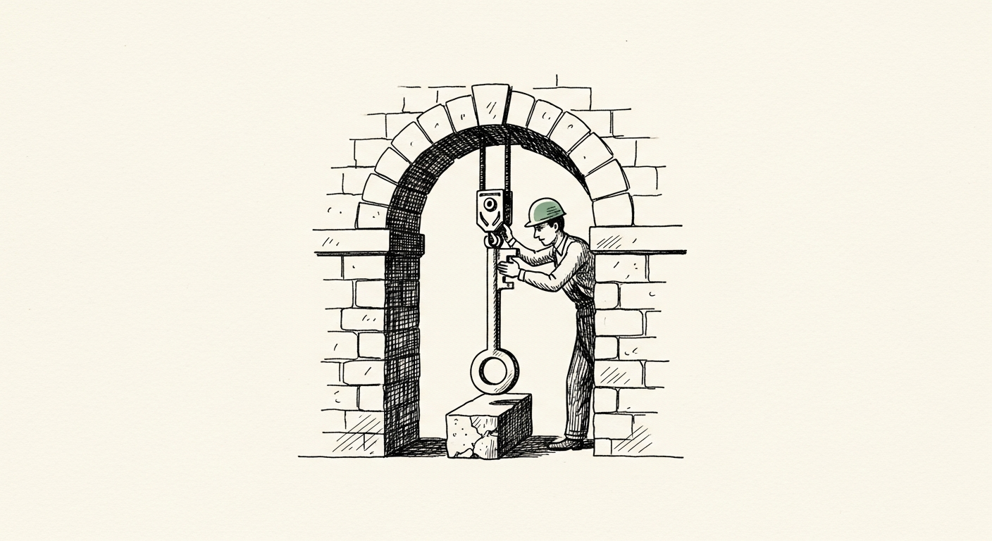 Pen-and-ink illustration: a central keystone being lowered into an. For the story "Anthropic ships Opus 4.8 with Dynamic Workflows".