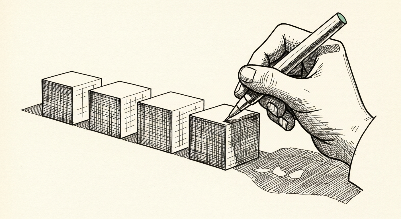 Pen-and-ink illustration: a series of identical blocks being drawn. For the story "Microsoft Cuts Nearly 5,000 Roles Citing AI Shift".