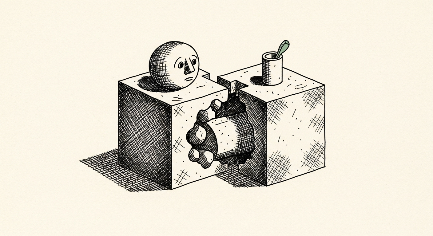 Pen-and-ink illustration: two distinct, previously conjoined blocks. For the story "Vercel CEO Argues for Decoupling Models and Agents".