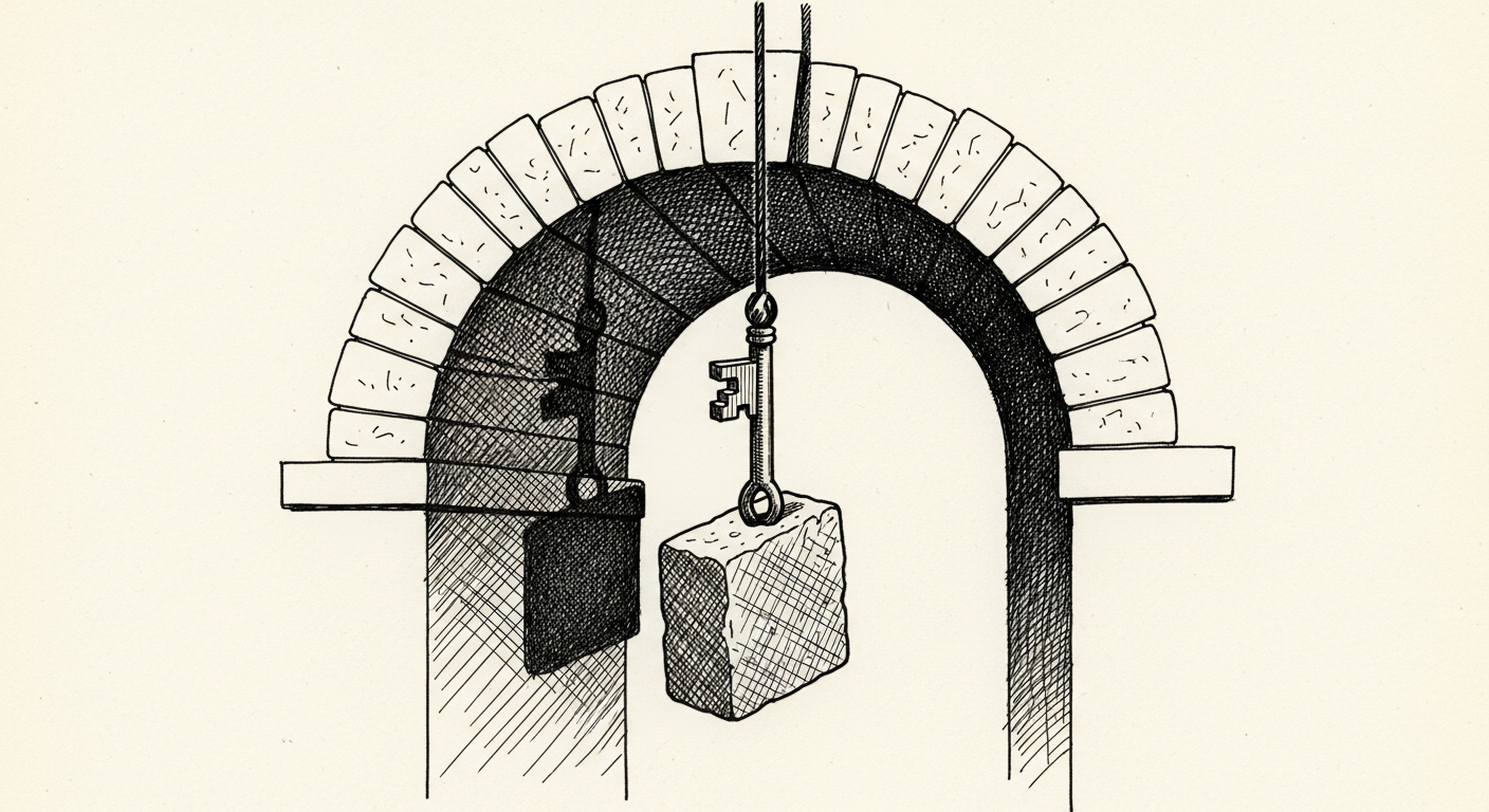 Pen-and-ink illustration: a single keystone being lowered into the. For the story "Insilico Medicine Pushes AI-Discovered Drug to Phase III Trials".