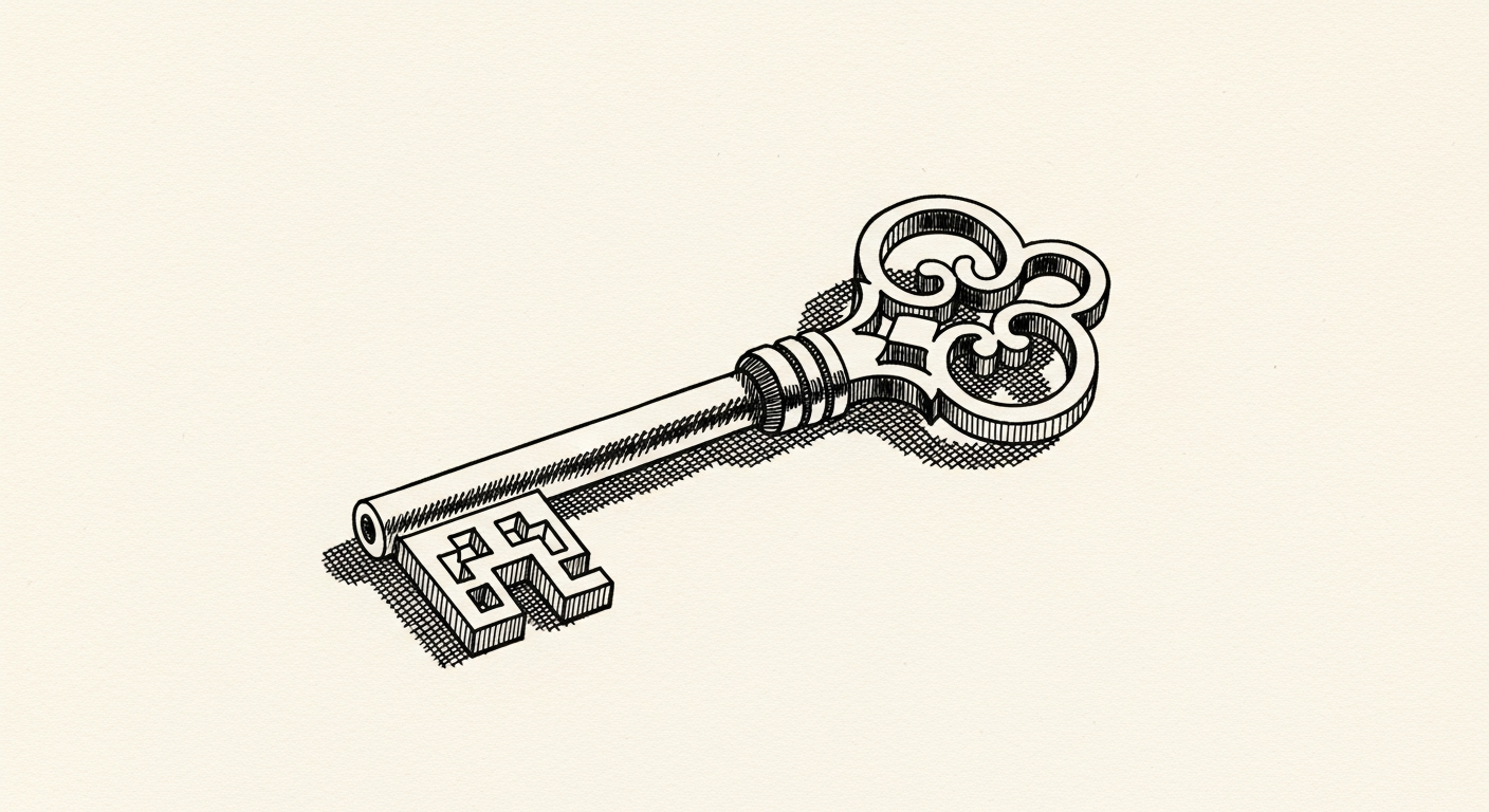 Pen-and-ink illustration: a single, intricately carved key being. For the story "Xcena raises 135M to tackle AI memory bottleneck".