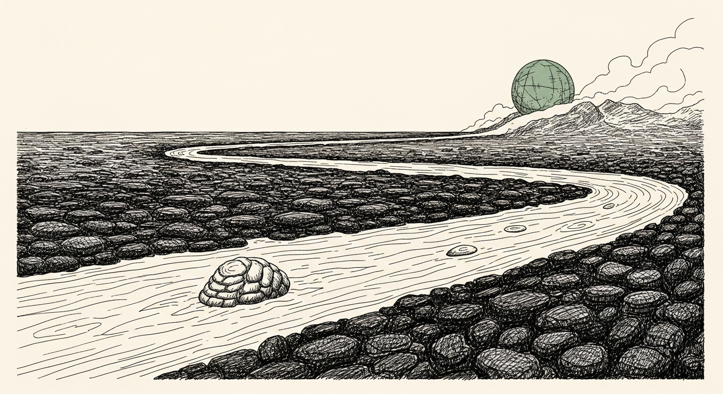 Pen-and-ink illustration: a massive, seamless river of molten. For the story "SambaNova Pulls In Another Billion for AI Chips".