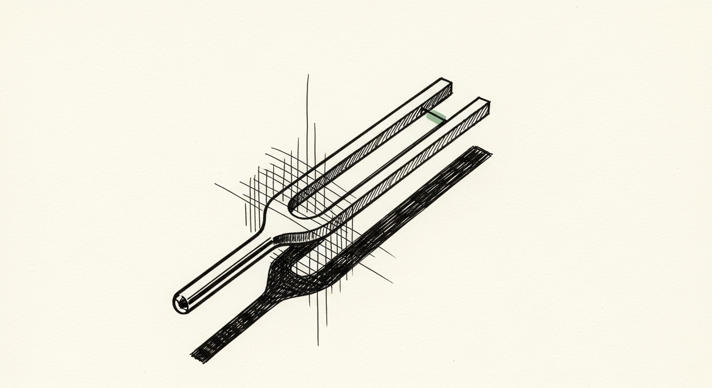 Pen-and-ink illustration: a finely tuned tuning fork vibrating against an. For the story "Savi Security raises 7M to fight AI voice scams".