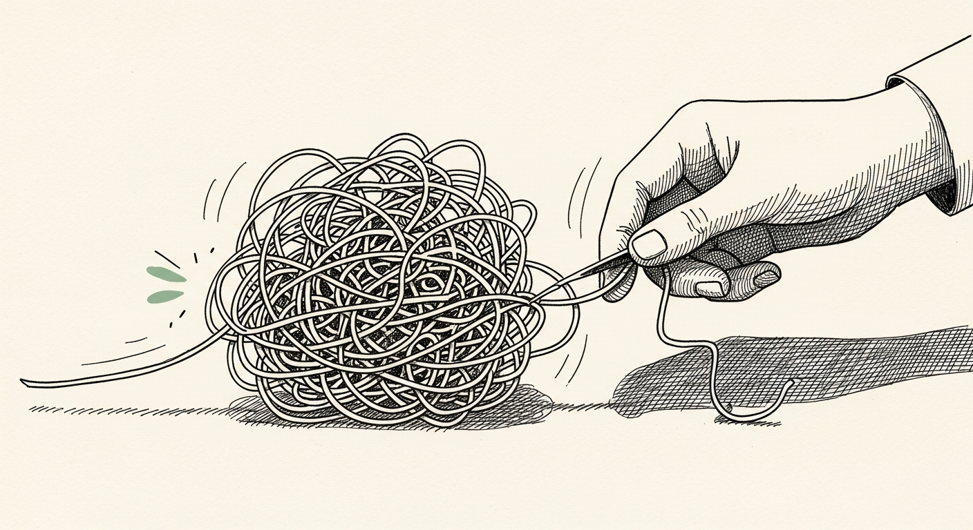 Pen-and-ink illustration: a complex, tangled thread being quickly. For the story "AWS GraphRAG Cuts Pharma Research Cycles by 87 Percent".
