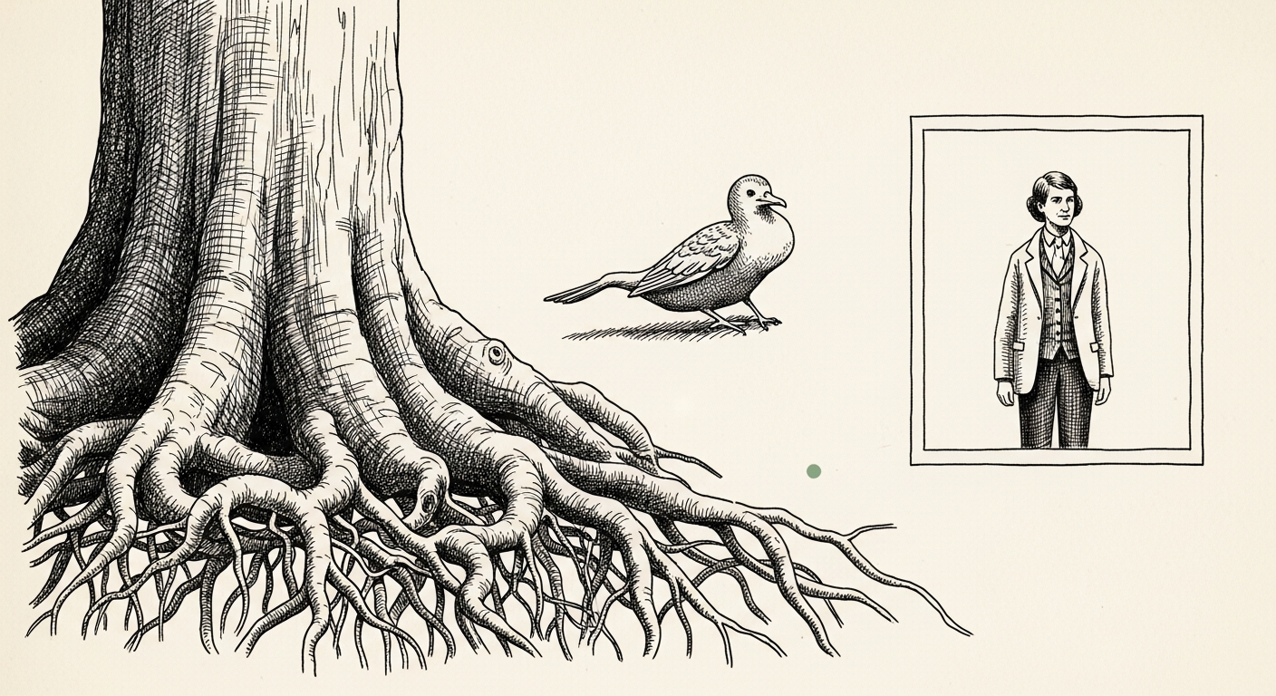 Pen-and-ink illustration: a massive, intricate root system emerges from. For the story "Groq reportedly raising 650M for inference cloud".