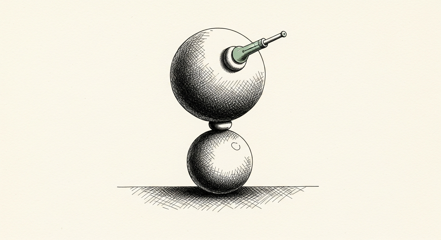 Pen-and-ink illustration: a single, oversized, precariously balanced. For the story "Nvidia Commits 150 Billion Annually to Taiwan".