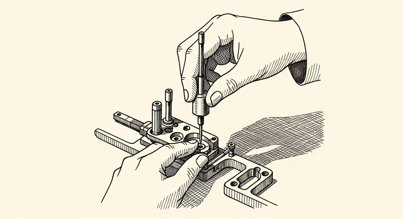 Pen-and-ink illustration: a single, intricate mechanical hand assembling. For the story "OpenAI ships agentic ChatGPT for work".