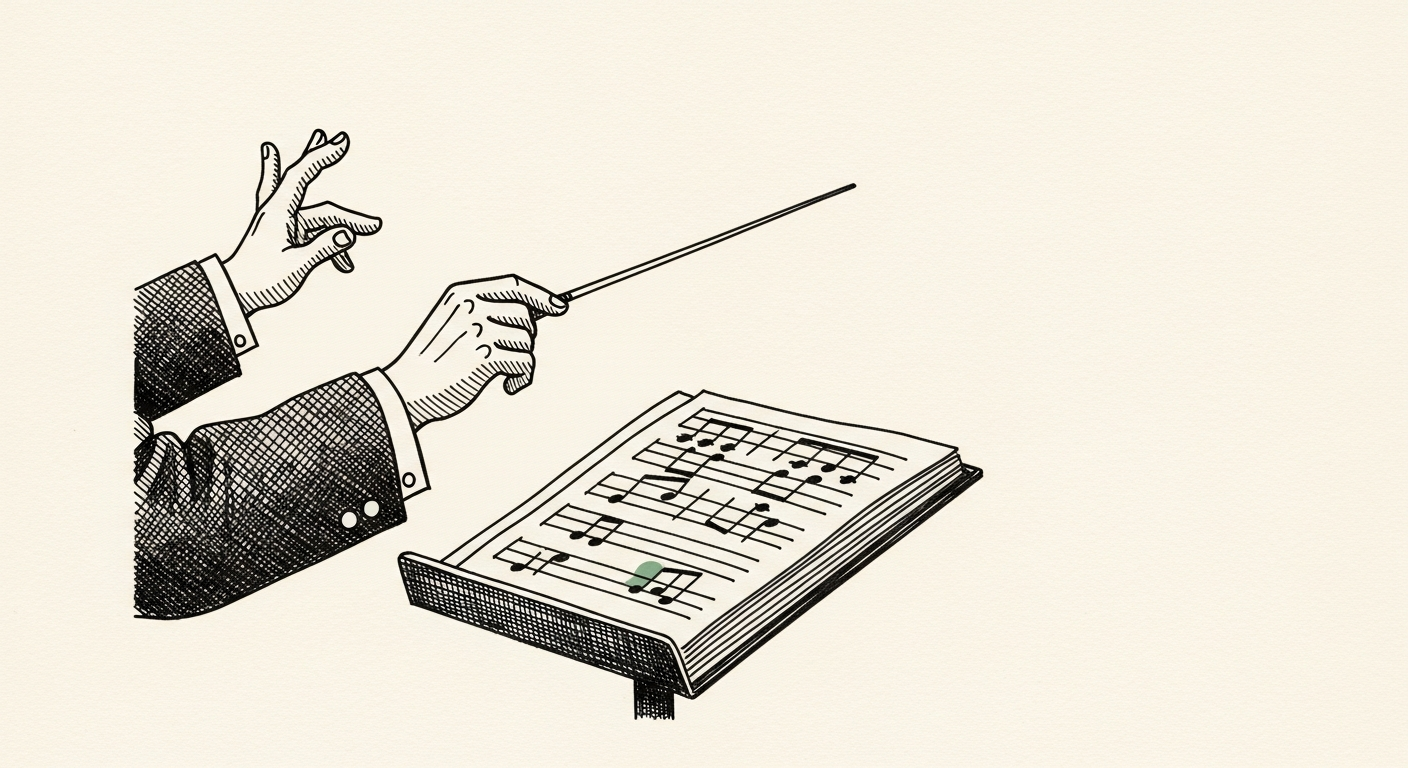 Pen-and-ink illustration: a conductor's baton poised over a. For the story "Anthropic ships Claude Opus 4.8 with new agent controls".
