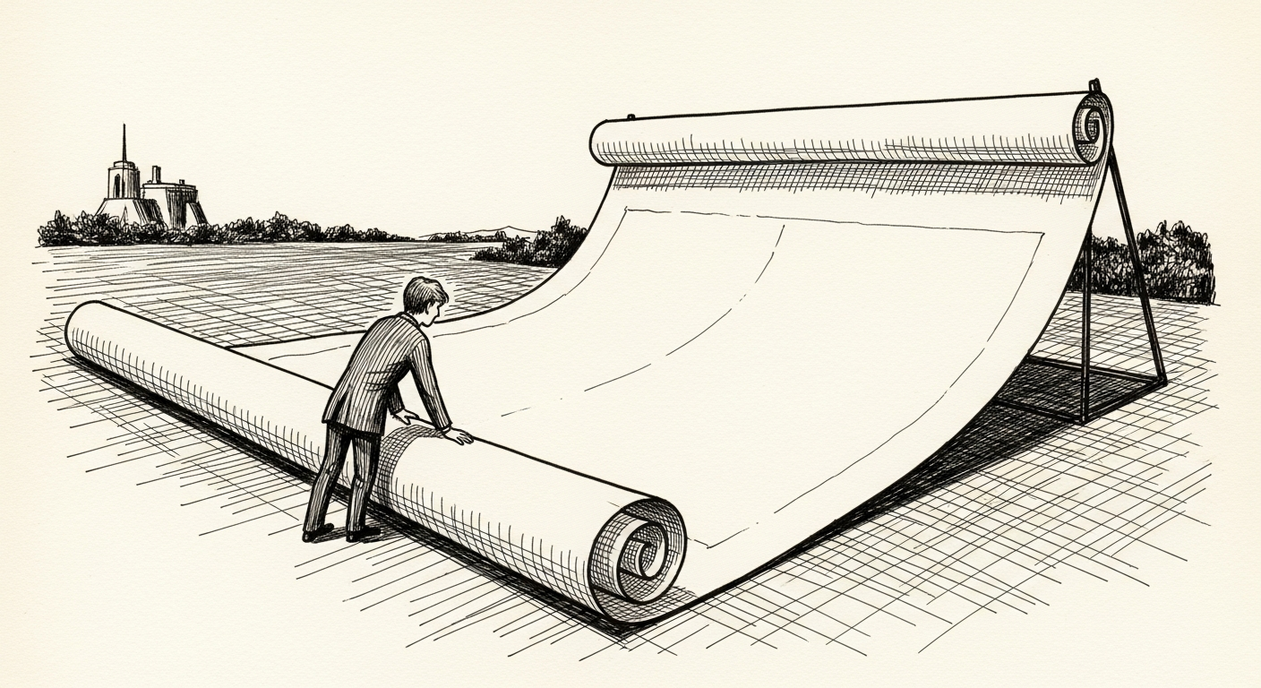 Pen-and-ink illustration: a vast canvas unfurling across a. For the story "Meta Ships Muse Image Generator Across Its Apps".