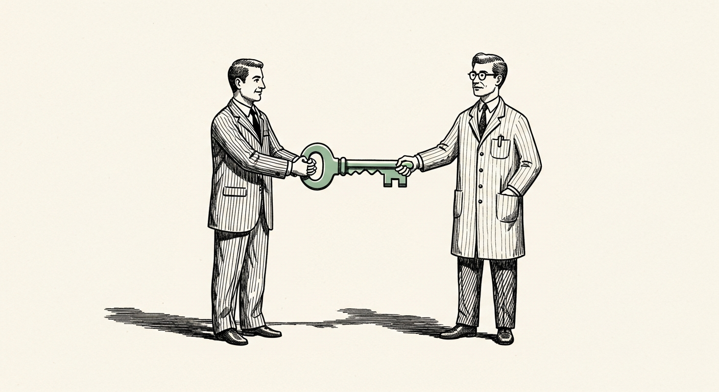 Pen-and-ink illustration: a large, generic key being exchanged for. For the story "Hugging Face CEO Claims Companies Are Done Renting AI".