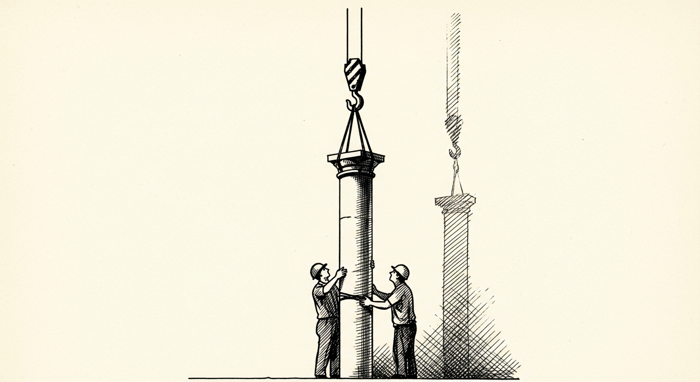 Pen-and-ink illustration: a single tall column being set. For the story "Nous Research Raising $75M at $1.5B Valuation".