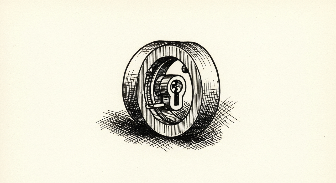 Pen-and-ink illustration: a intricate lock mechanism embedded within the core. For the story "Microsoft CEO Warns Enterprises On Proprietary AI Risk".