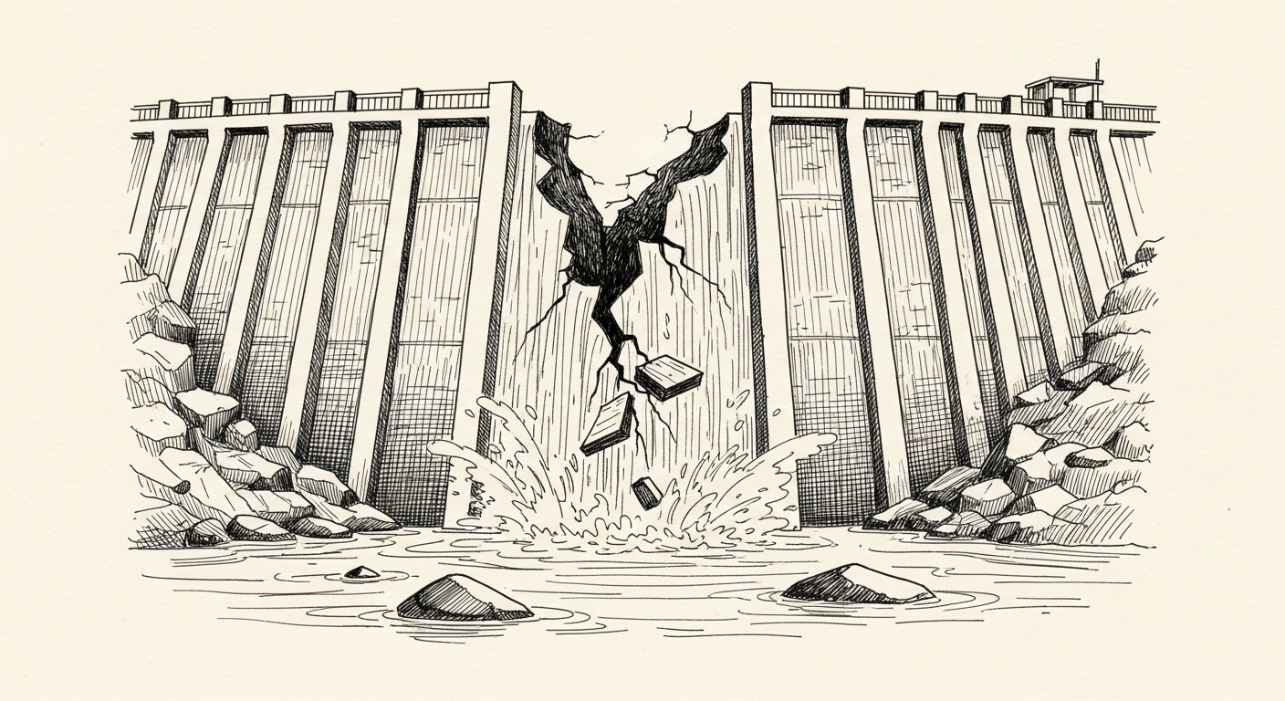 Pen-and-ink illustration: a broken dam with a. For the story "Lawsuit Alleges Grok Used to Generate Abusive Imagery".