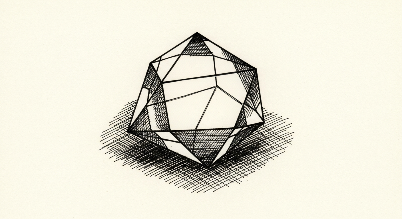 Pen-and-ink illustration: a complex, multi-faceted prism absorbing. For the story "Google Folds Display Ads into Demand Gen".