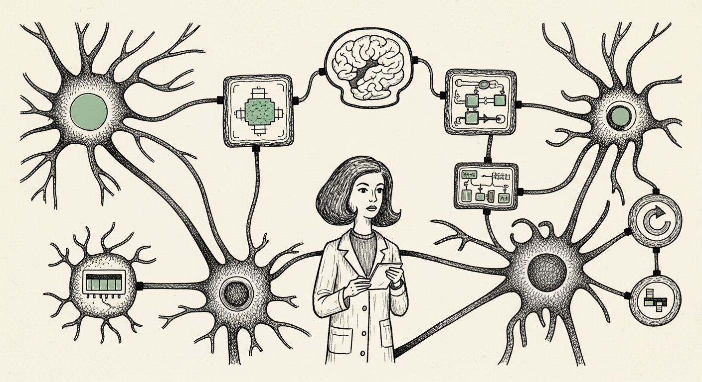 Pen-and-ink illustration: a complex neural network diagram with. For the story "Forterra Deploys Autonomous Vehicles in Ukraine".
