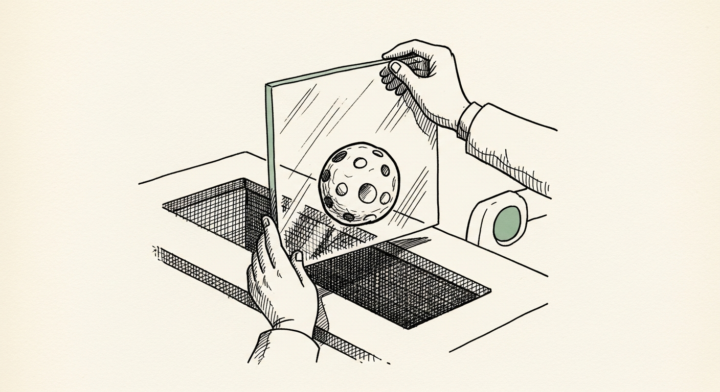 Pen-and-ink illustration: a translucent screen being placed in. For the story "Google Requires Disclosure for AI-Generated Ads".