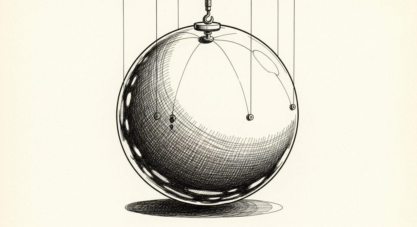 Pen-and-ink illustration: a massive, polished sphere being gently. For the story "Microsoft launches Frontier with $2.5B for AI deployment".