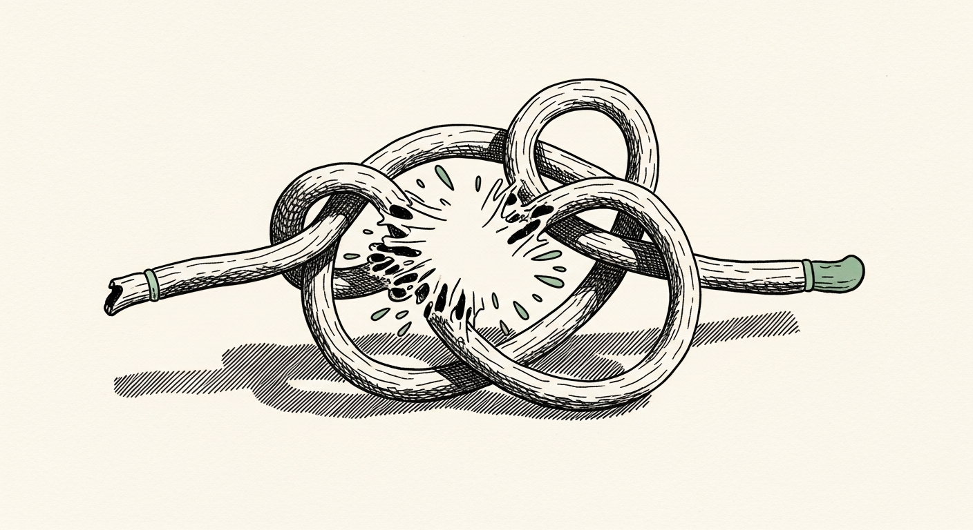 Pen-and-ink illustration: a complex, tangled knot unravel. For the story "OpenAI profiles Endava's agentic workflows".