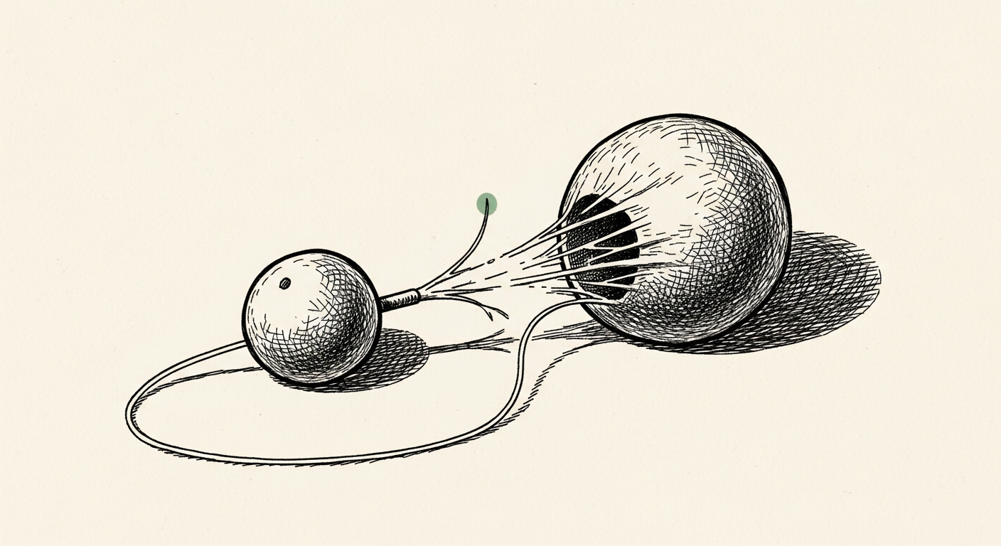 Pen-and-ink illustration: a single thread unraveling. For the story "Discord AI Bug Bypasses Human Review and Bans 8000".