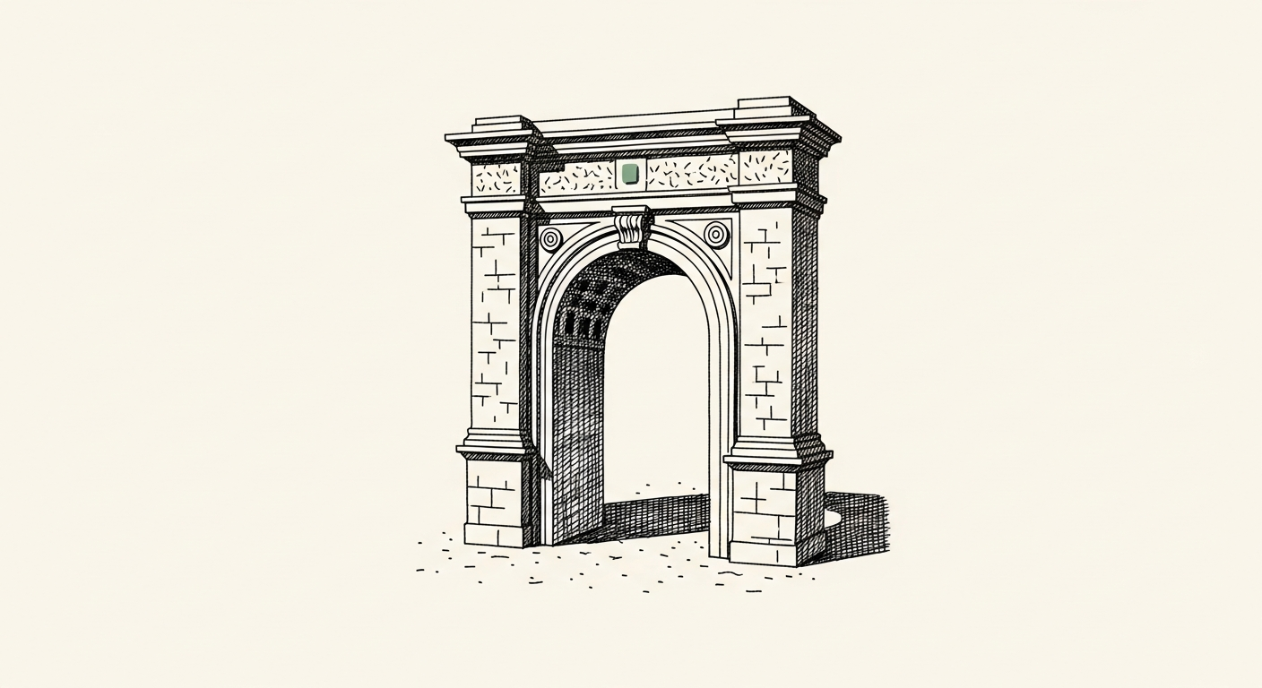 Pen-and-ink illustration: a grand archway, its ke. For the story "Amazon Stops Accepting New Mechanical Turk Customers".