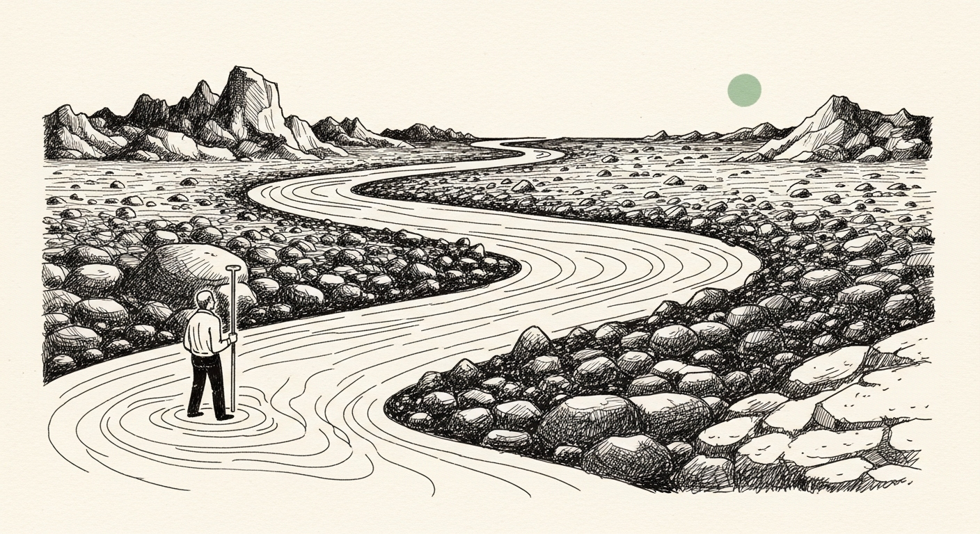 Pen-and-ink illustration: a colossal, glowing river of liquid metal. For the story "SK Hynix Raises $26.5B Amid Push for US Fabs".