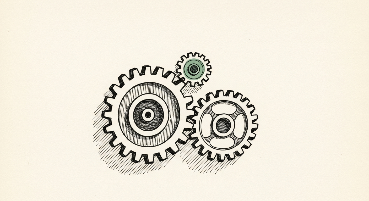 Pen-and-ink illustration: two distinct, interlocking gears being slowly. For the story "OpenAI inks content deal with Grupo Folha and UOL".