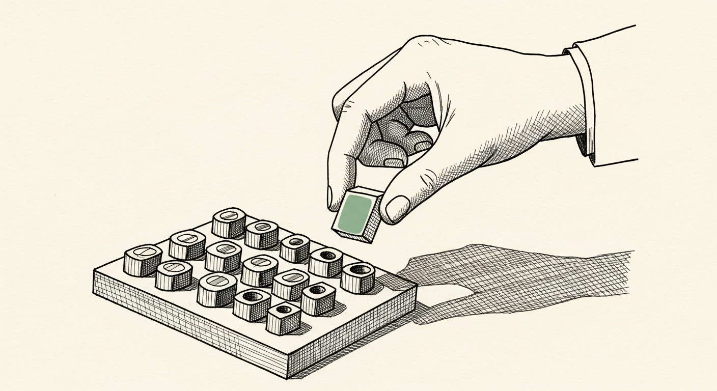 Pen-and-ink illustration: a human hand placing a final piece. For the story "Scott Wu Frames Devin as a Co-worker Not a Replacement".