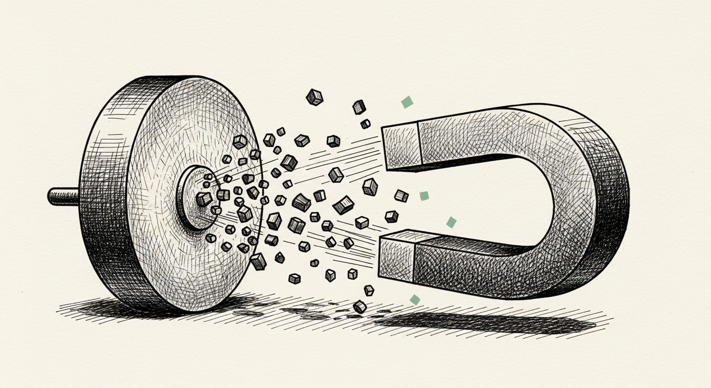 Pen-and-ink illustration: a powerful magnetic field repelling scattered. For the story "Reddit Deploys LLMs to Combat Spam".