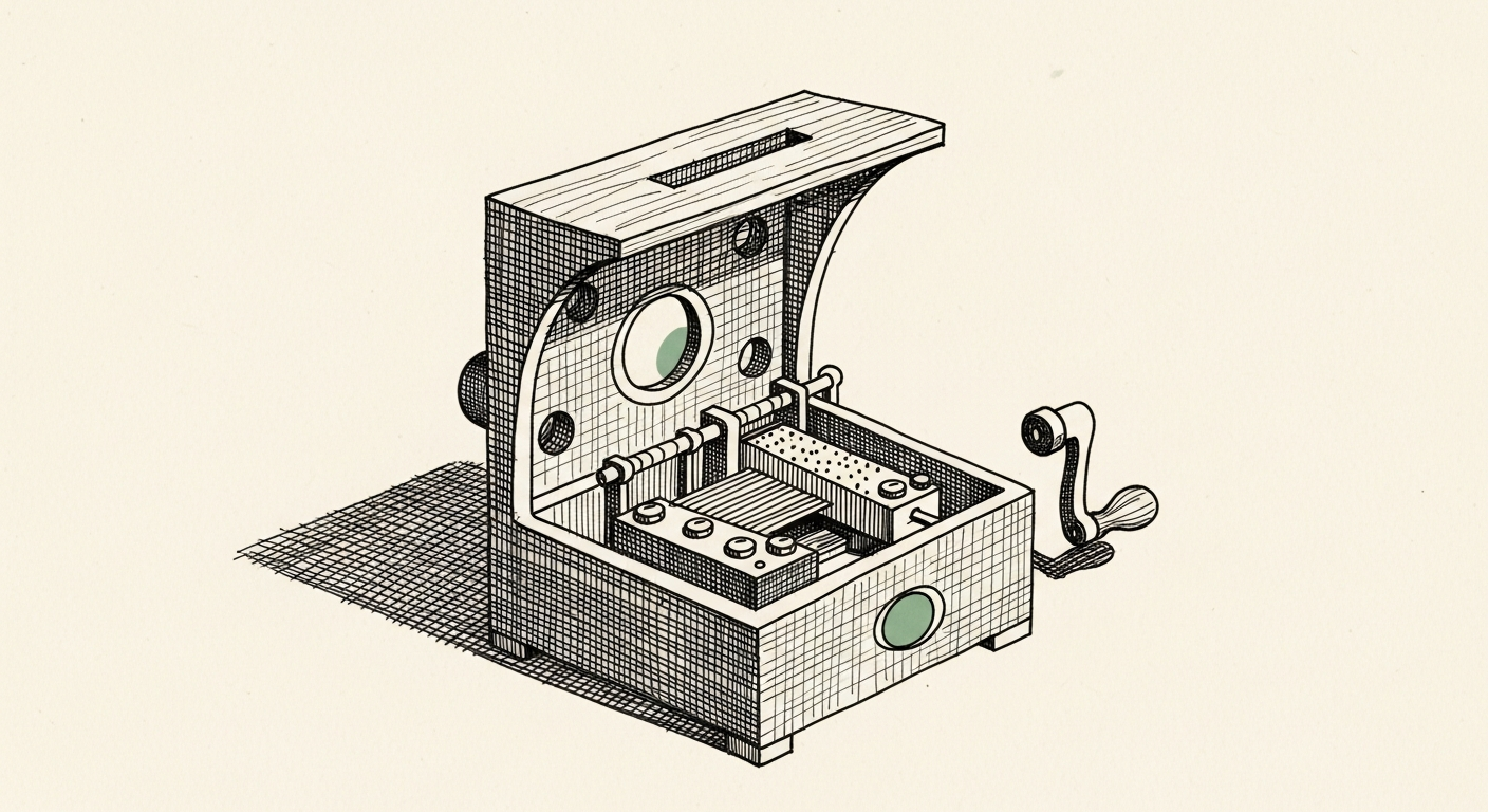 Pen-and-ink illustration: a hand-cranked music. For the story "EU Warns Meta Over Autoplay and Infinite Scroll".