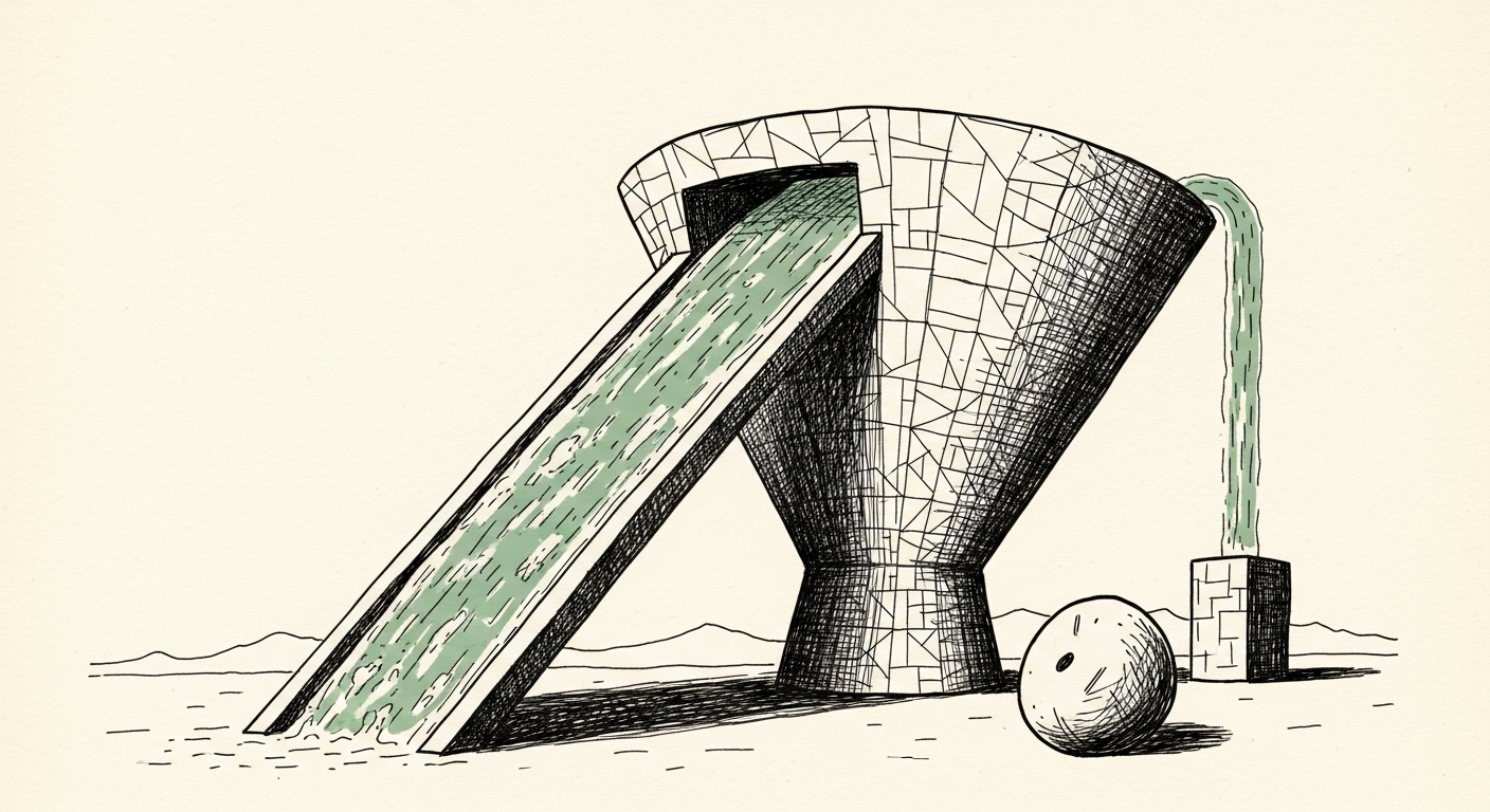 Pen-and-ink illustration: a vast, geometric siphon drains energy from. For the story "AI Data Centres Drive Up US Energy Costs".
