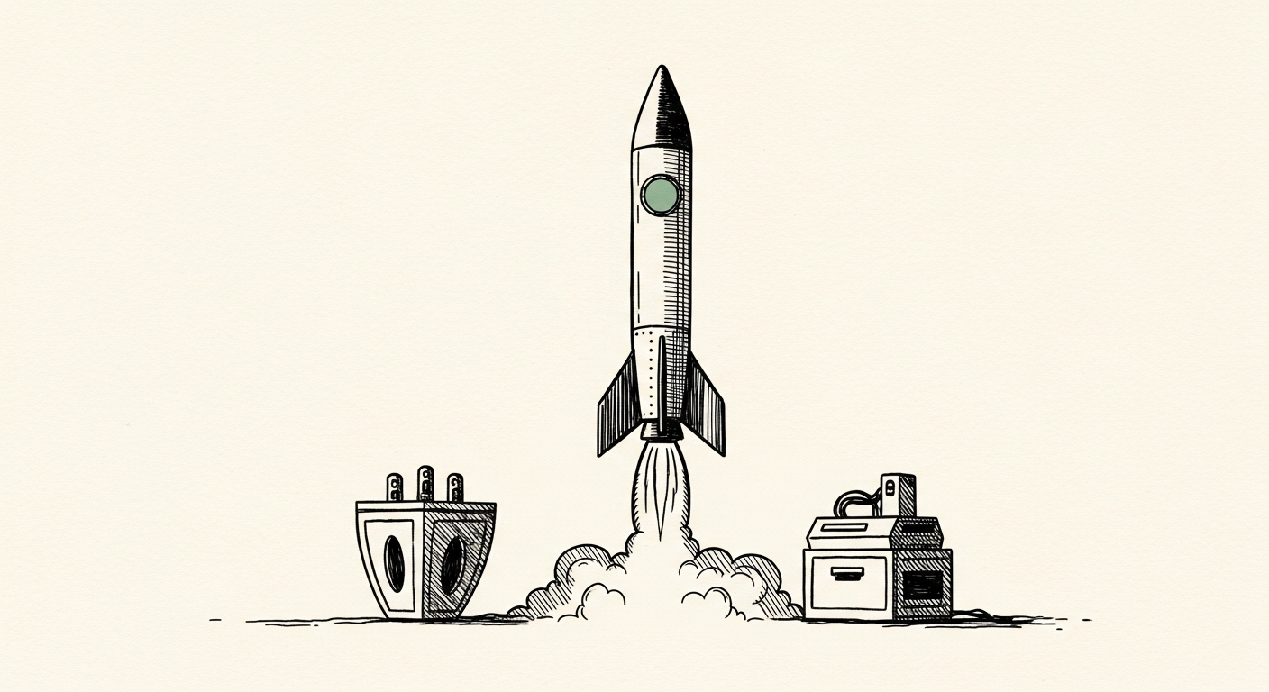 Pen-and-ink illustration: a small, powerful rocket ign. For the story "Gradium raises $100M seed to chase ElevenLabs".