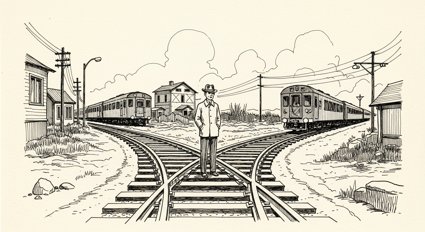 Pen-and-ink illustration: two parallel, unfinished railway tracks diverging sharply. For the story "DeepSeek Plans In-House Chips Amid US Export Controls".
