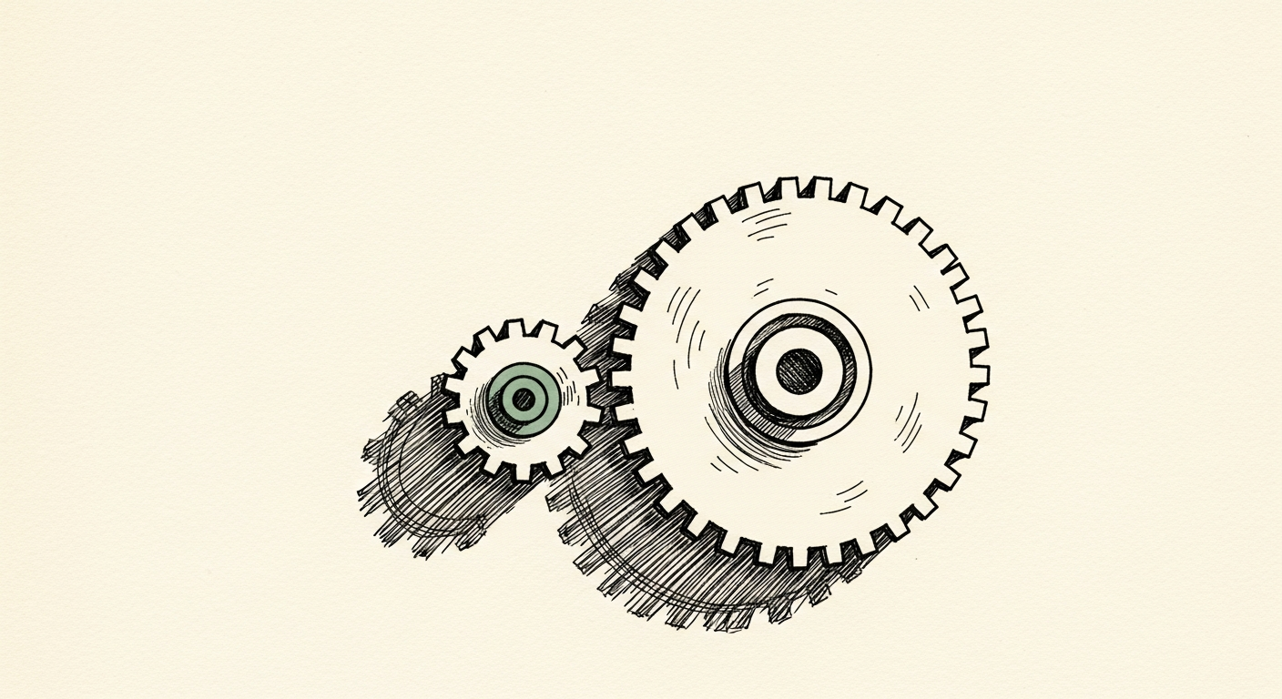 Pen-and-ink illustration: a single small gear turning a. For the story "Remote Claims 50 Percent Revenue Gain Per Employee From AI".