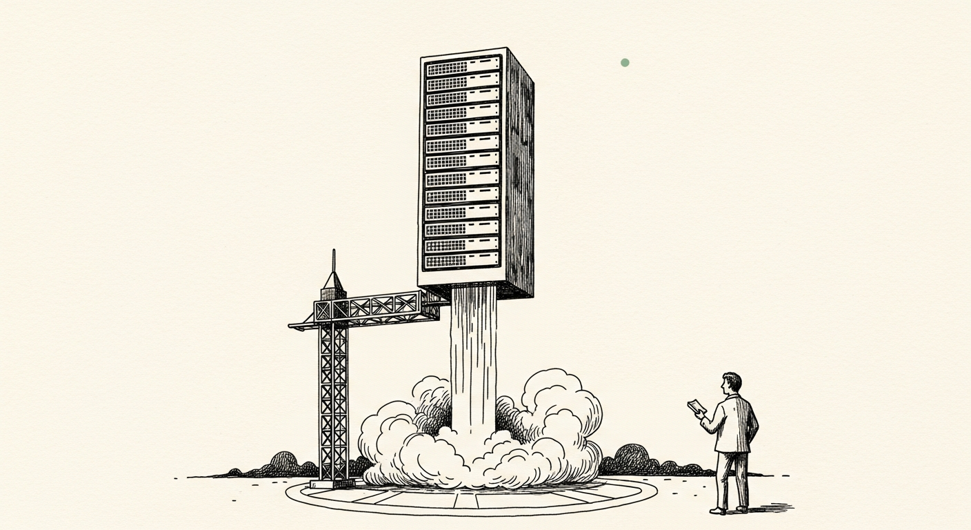 Pen-and-ink illustration: a towering server rack launches from. For the story "Elon Musk Pivots to Gas and Orbital Compute for xAI".