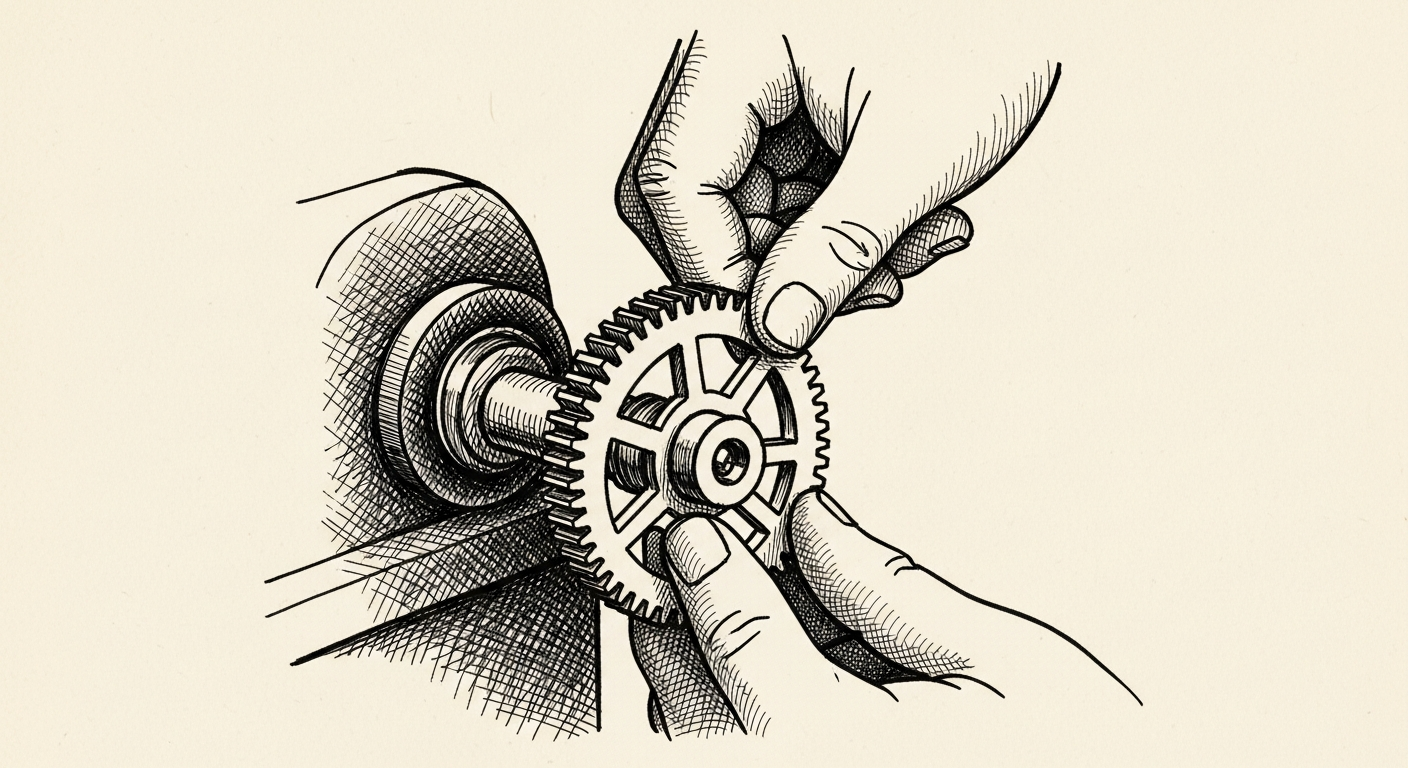 Pen-and-ink illustration: a new, intricate cogwheel being fitted. For the story "Meta ships Muse Spark 1.1 for agentic coding".