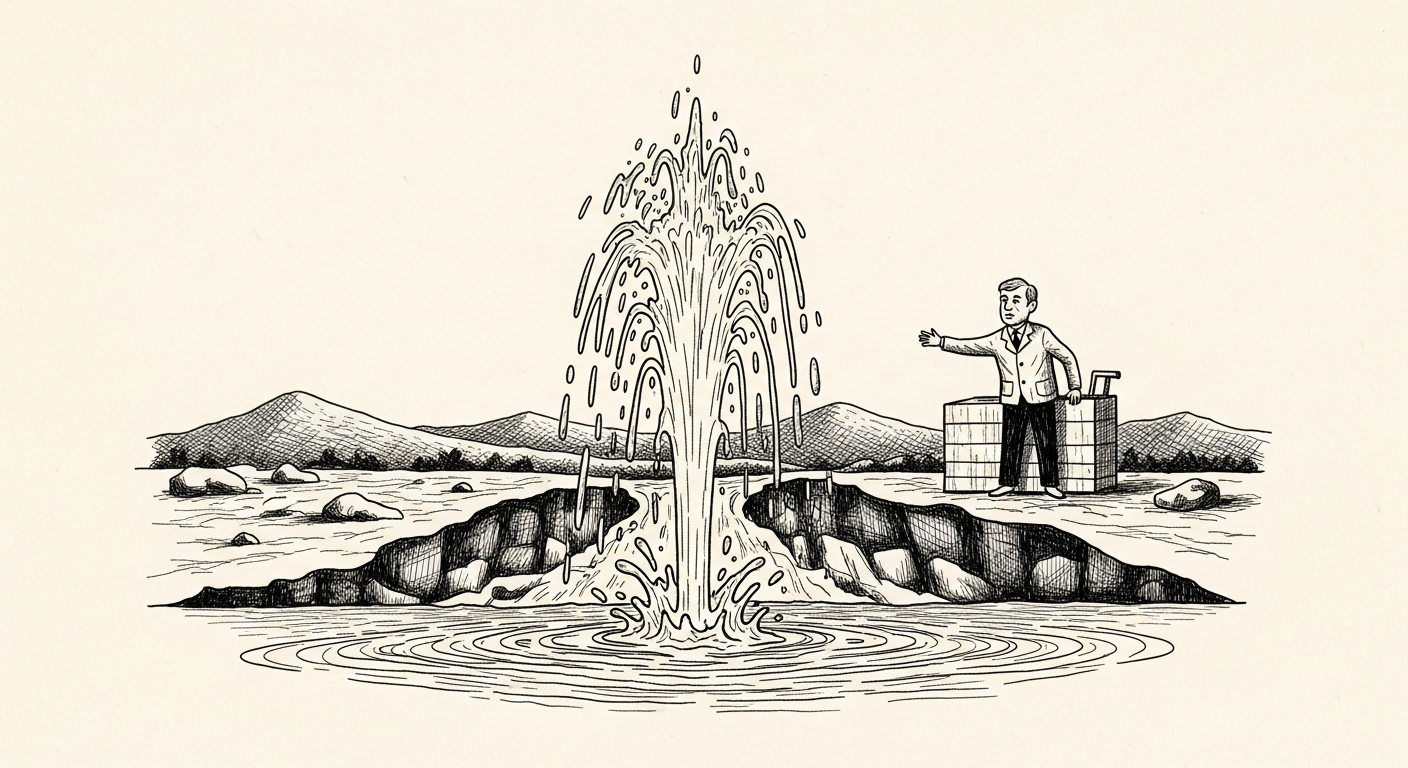 Pen-and-ink illustration: a geyser of liquid metal erupts. For the story "Ollama raises 65 million for local AI development".